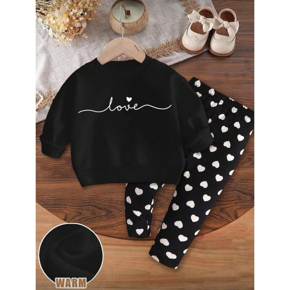 2 Piece Sweatshirt And Pants Outfit Love / Hearts Black 2Y- 3Y New